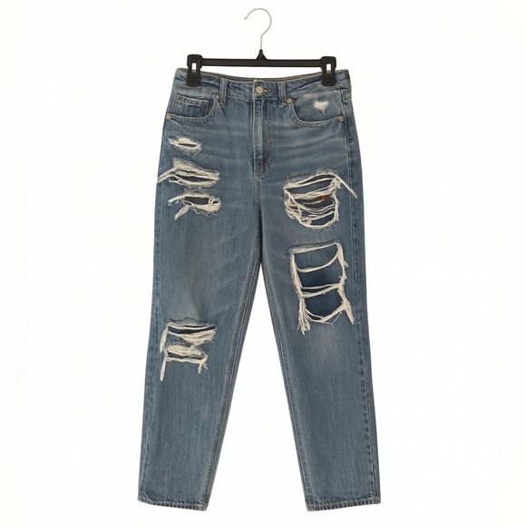 American Eagle Mom Jeans Sz 10 | Ripped with Plaid Patches | 90s Straight Fit - Picture 1 of 6